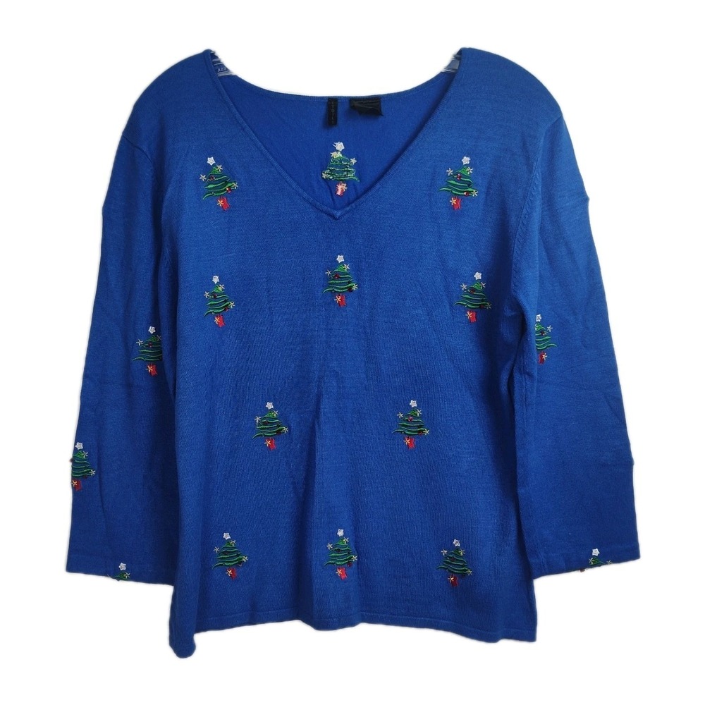Etoile Christmas Sweater Women's PL Blue Embroidered Trees V-Neck 3/4 Sleeves